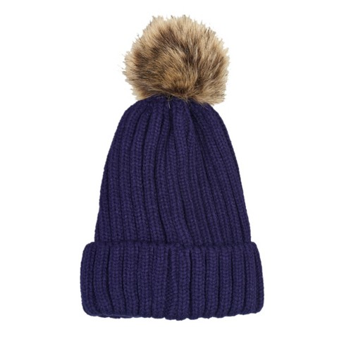 Willow & Ruby Women's Knitted Pom Beanie - Ladies Winter Hat in Navy