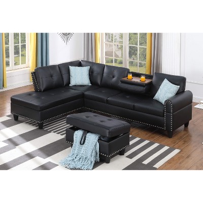 VYNXARIA 3-Seat Faux Leather L-Shaped Sectional Sofa with Ottoman,Stylish Black for Living Room & Small Spaces