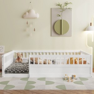 CAVINAS Twin/Full Size Modern Bed Frame with Heigh Guardrails,Pine Wood Floor Bed for Kids Room,Playroom - 1 of 4