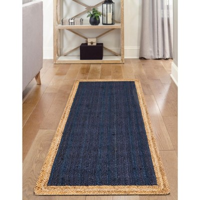 Navy Blue and Tan Braided Jute Runner Rug