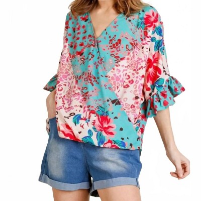 Women's Floral Animal Print Ruffle Top - umgee
