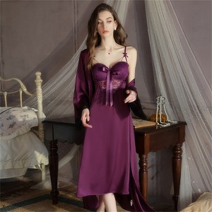 Clotth Women's Luxurious Satin Lingerie Set - Deep V-Neck Backless Babydoll with Padded Cups, belt & Robe, Silky Sleepwear Set, Purple - L - 1 of 4