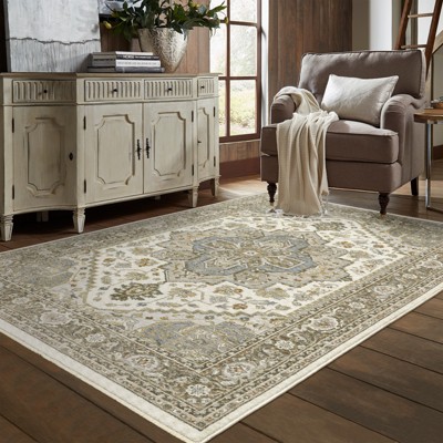 Ivory and Gold Traditional Synthetic 4' x 6' Area Rug