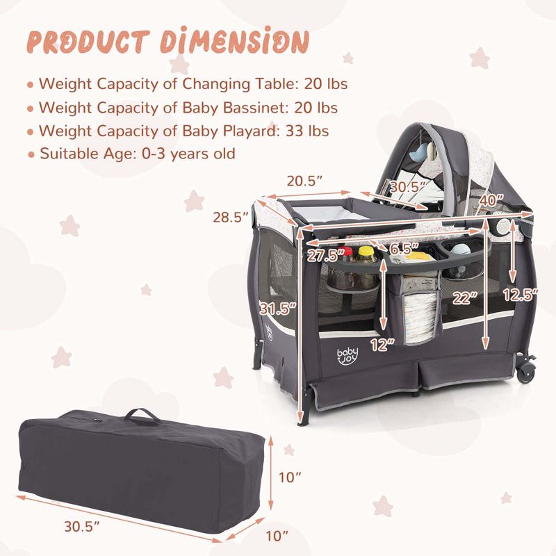 Babyjoy Pack & Play Baby Diaper Changing Table 4 in 1 Portable Foldable with Mattress Carrying Bag Black/Grey/Black+Pink, 3 of 9