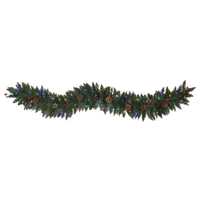 Nearly Natural 6&#39; Pre-lit LED Lightly Flocked Pine Artificial Christmas Garland with Pinecones and Berries Green with Multicolor Lights, 1 of 6