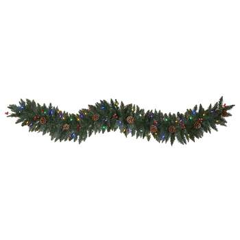 Nearly Natural 6' Pre-lit LED Lightly Flocked Pine Artificial Christmas Garland with Pinecones and Berries Green with Multicolor Lights