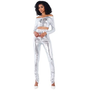 Slickblue Women's 2-Piece Set, Metallic Scales Off-Shoulder Crop Top & Slim Fit Leggings, Party Style, Silver, Size S-L - 1 of 4