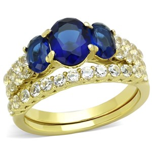 Slickblue Women's Three-Stone Ring in IP Gold Stainless Steel with Montana Blue Oval Glass Stones, 4.4g, size 5–10 - 1 of 4