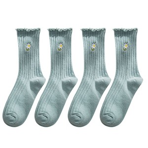 Anna-Kaci Women's 4 Pairs Ribbed Knit Socks with Daisy Embroidery Lettuce Edge Cuffs Soft Stretch Fabric - 1 of 4