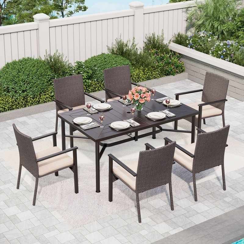 7pc Outdoor Dining Set with Rectangular Steel Table with 1.9&#34; Umbrella Hole &#38; Rattan Wicker Chairs with Cushions - Beige - Captiva Designs, 1 of 16