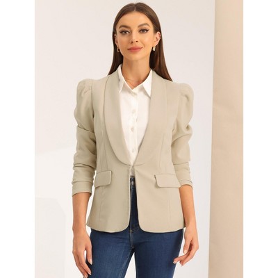 Allegra K Women's Spring Shawl Collar Puff Sleeve Work Blazer with Pockets Beige X-Small — фото 4