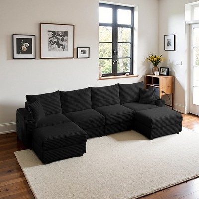 MYINDA 133.8'' Corduroy Deep Seat Sectional Sofa, Thick Padded Multi-Person Sofa with Storage Armrests, USB and Cell Phone Holder