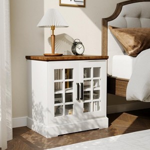 24in Nightstand with Charging Station, Wood Bed Side Table Square End Table with Glass Doors and Adjustable Shelf for Living Room Bedroom Office - 1 of 4