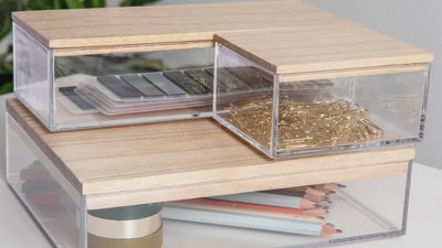 Clear Plastic Storage Organizer Bins with Light Wood Lids, Set of 3