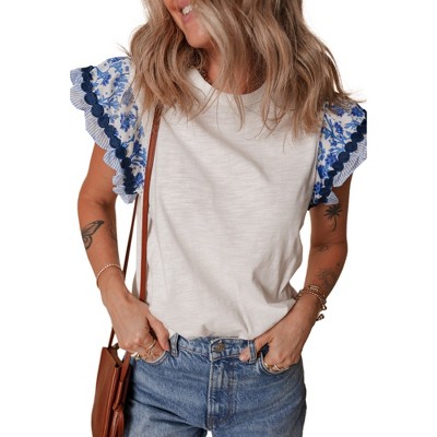 Amaryllis Women’s Ruffle Sleeve Contrast Trim Floral Embroidered Top Soft Knit Bodice T-Shirt- Large ,White Blue