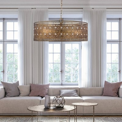 Elegant Brass and Crystal Drum Chandelier, 26" Glam Pendant Light