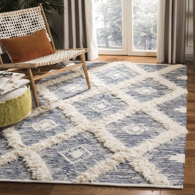 Handmade Rectangular 8' x 10' Blue/Ivory Wool Geometric Area Rug