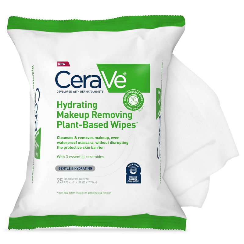 CeraVe Hydrating Makeup Remover Wipes, Plant Based Facial Cleansing Wipes for Sensitive Skin, Fragrance-Free - 25ct, 1 of 21