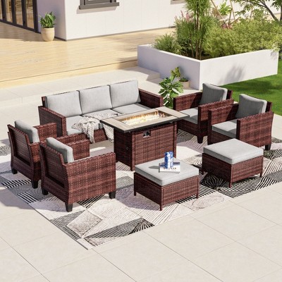 Sonkuki 8 Pieces Patio Sofa with Rectangle Fire Pit Table and Ottomans, Wicker Conversation Couch, Light Gray Cushion