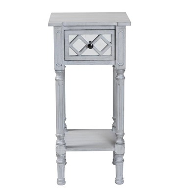 Gray Wood Accent Table with Mirrored Drawer and Storage Shelf