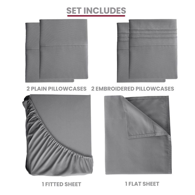 6 Piece Brushed Microfiber Bed Sheets with Embroidery & Plain Pillowcases Hotel Luxury 16 Inches Deep Pockets Solid Sheet Set - Lux Decor Collection, 3 of 7