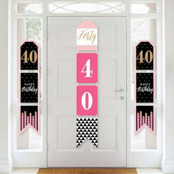 Big Dot of Happiness Chic 40th Birthday - Pink, Black & Gold - Hanging Vertical Paper Door Banners - Birthday Party Wall Decor Kit - Indoor Door Decor