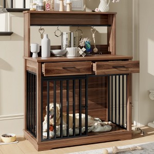 APRILSOUL 38" Dog Crate Furniture, Heavy Duty Cage Table, 2 Storage Drawers, Shelves, Sliding Door Side End Table, Indoor Dogs£¬Brown - 1 of 4