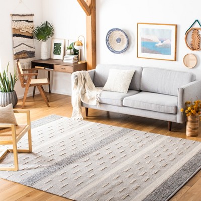 Ivory and Gray Striped Wool Cotton 8' x 10' Flat Woven Area Rug