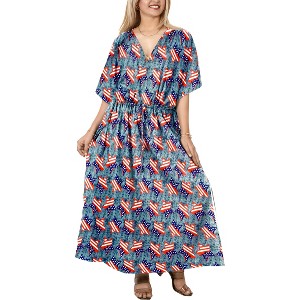 LA LEELA Women's Summer 4th of July Patriotic Beach Dress Plus Size Swimsuit Caftan Maxi Long Dresses Robe Kaftan 2X-3X Grey US Stars - 1 of 4