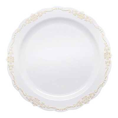 White and Gold Vintage Rim Round Disposable Plastic Salad Plates, 7.5 inches