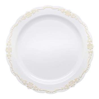 Smarty Had A Party 10" White with Gold Vintage Rim Round Disposable Plastic Dinner Plates (120 Plates)