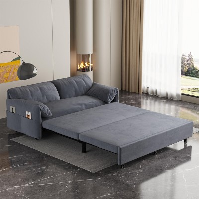LOVMOR 63.8" Queen Pull Out Sofa Bed, 3-in-1 Convertible Sleeper Sofa with Side Storage,Multi-Functional Velvet Loveseat Bed