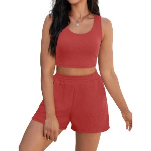 ATHLECHIC Onfers Women Ribbed Knit Crop Tank Tops Short Sets with Pockets Travel Outfits 2 Pcs - 1 of 4