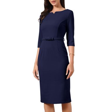 3/4 sleeve midi dresses casual INSPIRE CHIC Women's Boat Split Neck Elegant Belted Sheath Medium Navy Blue Color:Emerald Grey Wool Cable Knit Beat the Heat Vacation linen giving you a chic