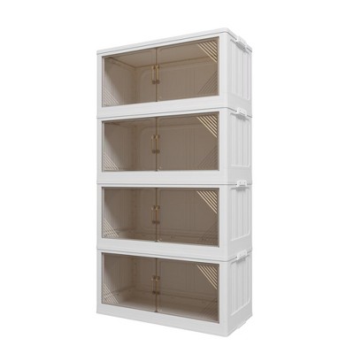 MaseiKar 472QT 4-Pack 31.5" Wide Clear Plastic Storage Cabinets, Stackable Folding Bins with Open Front Door for Closet Organization & Storage