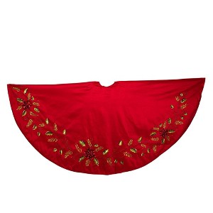 Kurt Adler 72-Inch Red Dupion Tree Skirt with Multi Sequin Poinsettia - 1 of 4