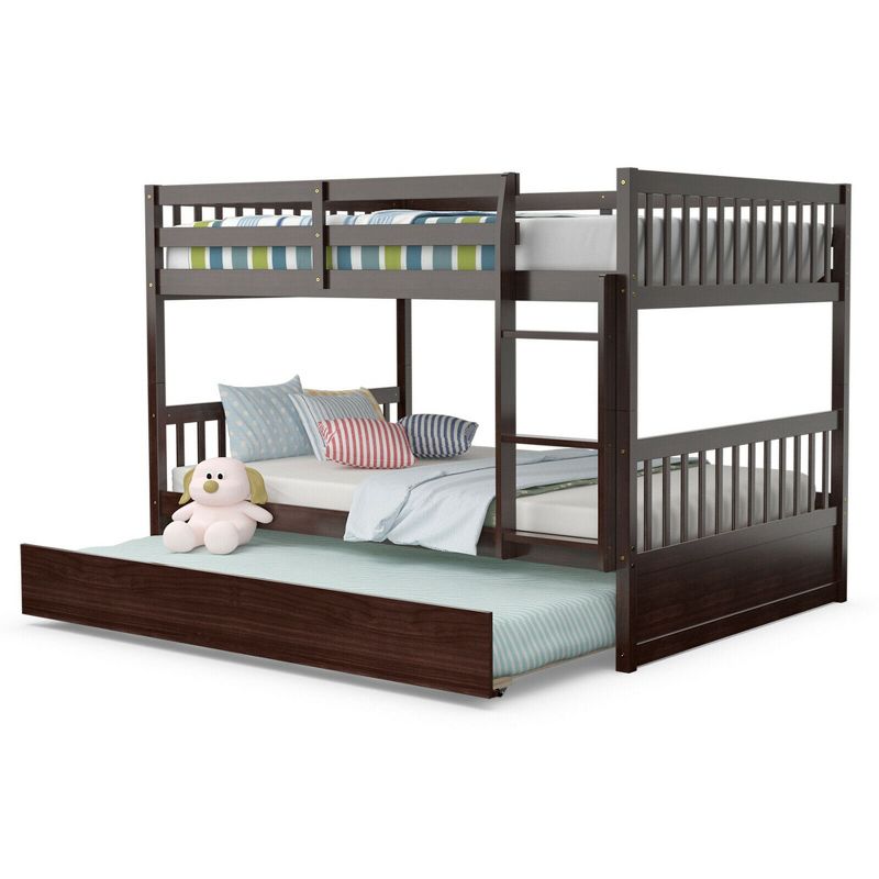 Costway Full over Full Bunk Bed Platform Wood Bed w/ Trundle & Ladder Rail Brown/White, 1 of 11
