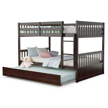 Costway Full over Full Bunk Bed Platform Wood Bed w/ Trundle & Ladder Rail Brown/White