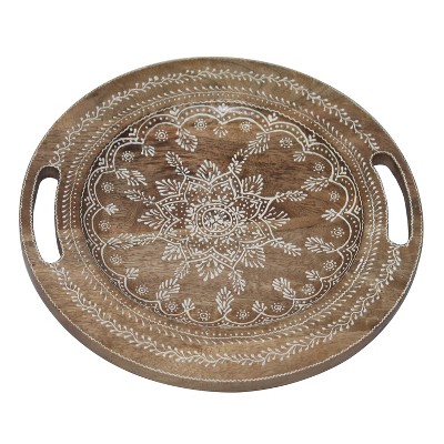 Transpac Wood 14 in. Mango Henna Hand Painted Round Tray