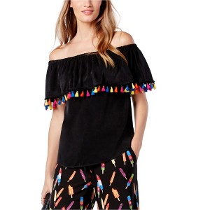 I.N.C International Concepts Womens Tassle-trim Off the Shoulder Blouse, Black, Small - 1 of 1