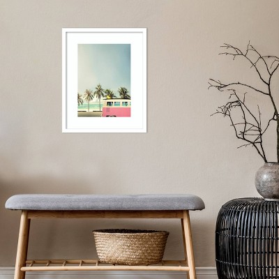 Pink and White Framed Coastal VW Bus Wall Art Print