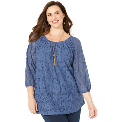 Catherines Women's Plus Size Petite Stretch Lace Peasant Blouse