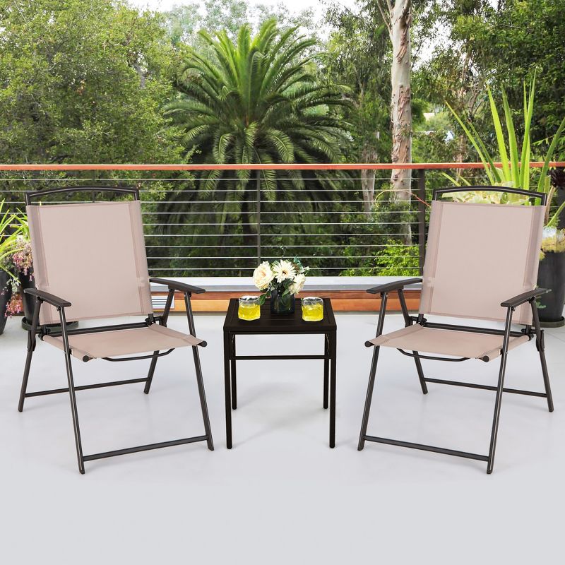 Costway 2 pcs Patio Folding Sling Dining Chairs Armrests Steel Frame Outdoor Beige/Grey, 3 of 9