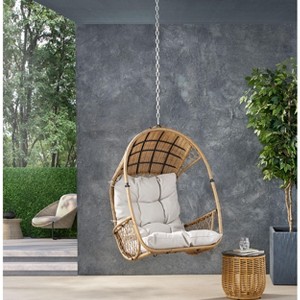 Christopher Knight Home Penny Outdoor Hanging Rattan Basket Chair with 8ft Chain and Cushions - 1 of 4