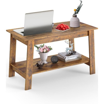 2-Tier Solid Wood Coffee Table with Storage Shelf - Industrial Rectangle Design in Brown for Small Living Rooms and TV Stand