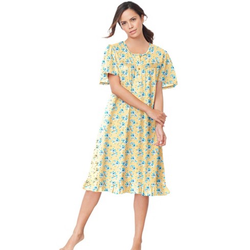 Dreams & Co. Women's Plus Size Short Floral Print Cotton Gown - M, Yellow