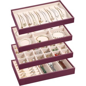 4-Piece Stackable Jewelry Organizer Trays made of PU leather with removable dividers for earrings, necklaces, rings, and bracelets - 1 of 4