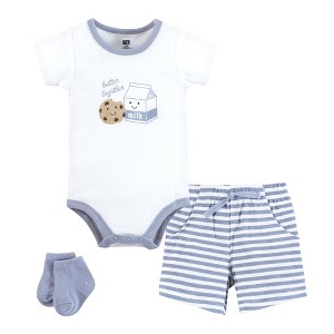Hudson Baby Infant Boys Bodysuit, Short and Sock, Milk And Cookie Better Together - 1 of 4