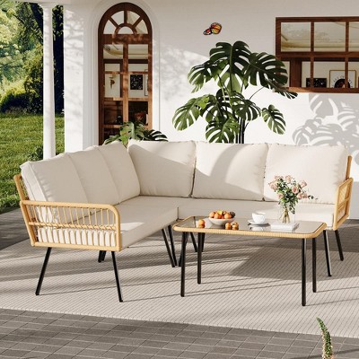 4 Piece Patio Conversation Sets, Wicker Outdoor Furniture Sets, 1 Loveseat & 2 Chairs & 1 Table, Beige