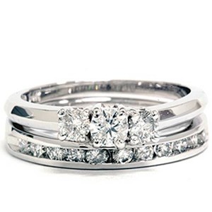 Pompeii3 1ct Diamond Engagement Wedding Ring Set 3-Stone Channel Set Round Cut Solitaire - 1 of 4